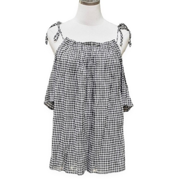 Max Studio Tops - MAX Studio Black and White Gingham Check Tie Off Shoulder Top